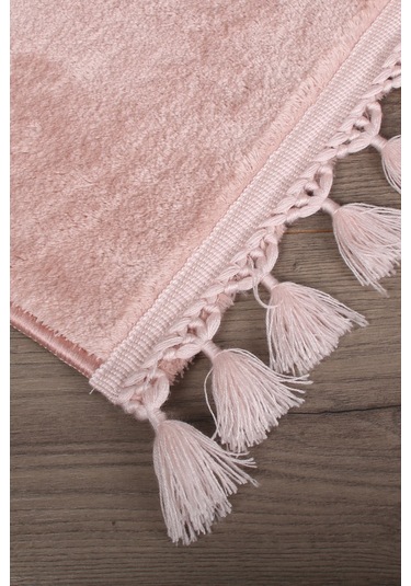 Relax Pudra 60x100 + 50x60 Cm 2'li Köşeli Ponpon Saçaklı Banyo Halısı Paspası Seti Kaymaz Tabanlı Pudra Pembe