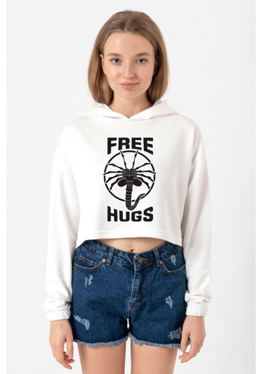 Free Facehugger Hugs Ekru Kadın Crop Kapşonlu Ekru