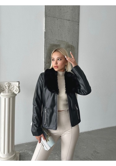 Kadın Deri Mont Siyah
