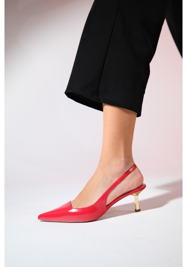 Luvishoes Marten Kırmızı Cilt Kadın Sivri Burun Arkası Açık İnce Topuklu Ayakkabı Kırmızı