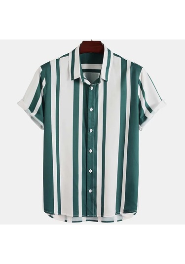 Snapbuy 2025 Erkek 3d Havai Gömlek - Basit Çizgili, Gevşek Nefes, Yazlık Kısa Kollumavi Mavi