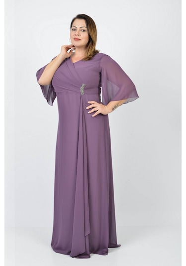 Lilas XXL Kadın Büyük Beden Şifon Uzun Abiye Elbise 5489407 Lavan Mor