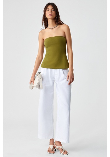 ORIANA Kadın Slim Fit Straplez Yeşil Bluz