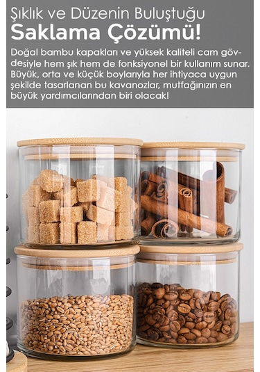 3'lü Etiketli Bambu Kapaklı Cam Baharatlık Seti - Baharat Saklama Kabı Vakum Kapaklı Kavanoz 535 Ml ŞEffaf