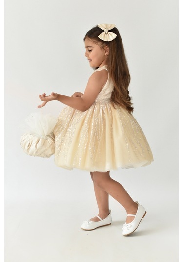 Dantel Süslemeli Cappuccino Camel Tasarım Abiye Kız Çocuk Tül Birçe Elbise 001