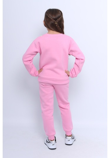 Kız Çocuk 3 İplik Eşofman Takımı Baskılı Cep Detaylı D27 Pembe