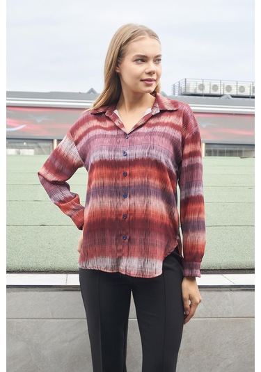 Kadın Desenli Yakalı Düşük Omuzlu Uzun Kol Şık Ofis Gömlek-Kiremit Çizgi Kiremit Çzg.