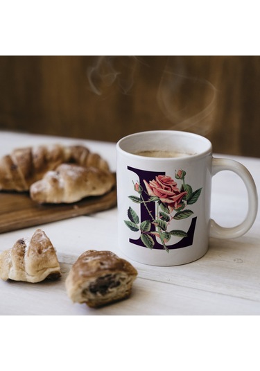 L Baş Harf Kırmızı Güller İle Sarılı Bardak 330 Ml Kişiye Özel Çiçekli Hediye Beyaz