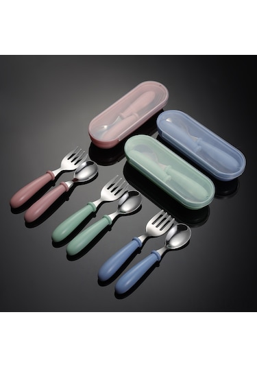 Moveevo Çocuklar İçin 304 Çelik Çatal Kaşık Kutusu Seti - Mavi, Sevimli Desenler, Kolay Tutuş, Hediye Özel, Depolama Kolay Mavi