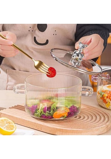 Morponi Borosilikat Cam Metal Çerçeveli Cam Kapaklı Ayıcık Figürlü 2000 Ml Cam Tencere Şeffaf