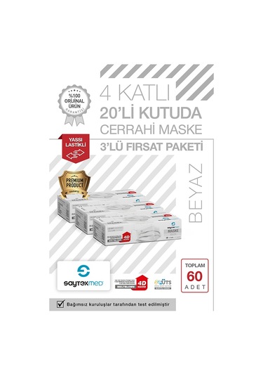 Saytekmed İki Kat Meltblown Koruması, 4 Katlı Beyaz Maske (3 Kutu/60 Adet)