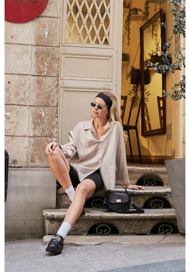 Kadın Likrasız Keten Kumaş Yakalı Cepli Düşük Omuzlu Salaş Oversize Tunik Gömlek-bej Bej