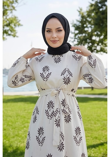 Bestenur Mayra Desenli Keten Elbise 1717 - Siyah
