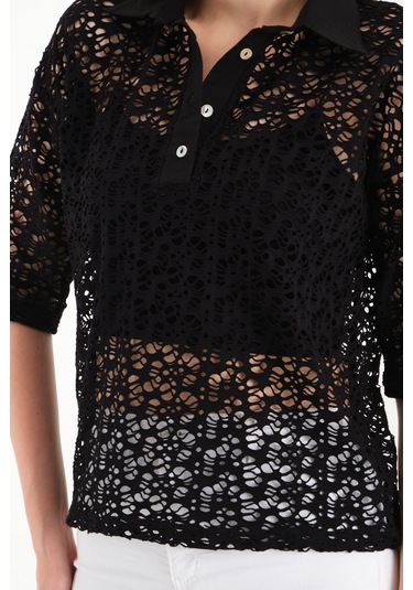 Polo Yaka Dantel Gömlek Siyah