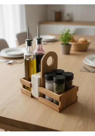 Ahşap Doğal Baharatlık Yağdanlık Ve Peçetelik Takımı Uzun Başlık Set Kiraz 1 Set Ahşap