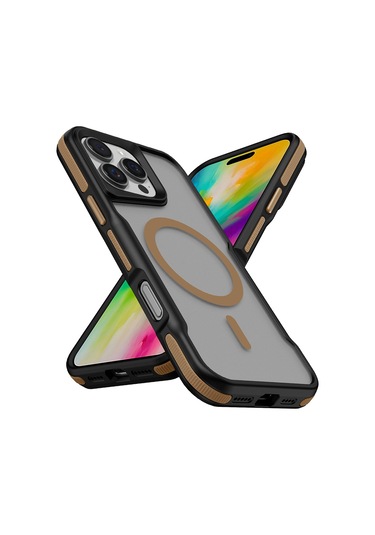 Mobilteam İphone 16 Pro Uyumlu Magsafe Şarj Özellikli Renkli Kenar Airbag Şeritli Lame Titanyum-gold