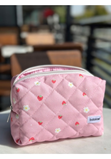 Batekso Mini Çilek Desenli Makyaj Çantası  Büyük Boy