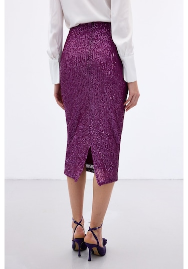 Sateen Payet Detaylı Kalem Etek - Mürdüm-136656 Mürdüm