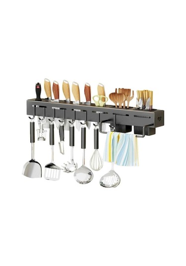 Fortunelane Çelik Duvarlı Bıçak Çubuk Saklama Rafı, 50cm, Perfore Edilmeden Monte Edilebilir, Siyah Mutfak Organizatörü Siyah