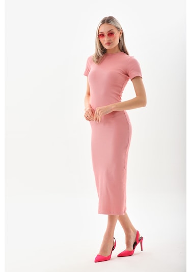 Pembe Kısa Kollu Diz Altı Fitilli Esnek Kalem Elbise - 130 Cm