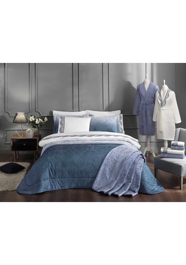 Helezon Çeyiz Seti Lacivert 16 Parça Ekru