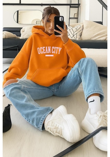 Benroma 3 İplik Penye Ocean Cıty Baskılı Sweatshırt Turuncu