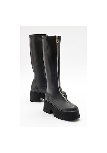 Luvishoes Amaronte Siyah Streç Kalın Taban Kadın Çizme Siyah