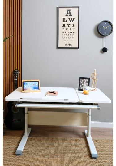 Vega Simple Yükseklik Ayarlı Beyaz Ahşap Masa, Oyuncu Ve Bilgisayar Masası, Modern Çalışma Masası Gri