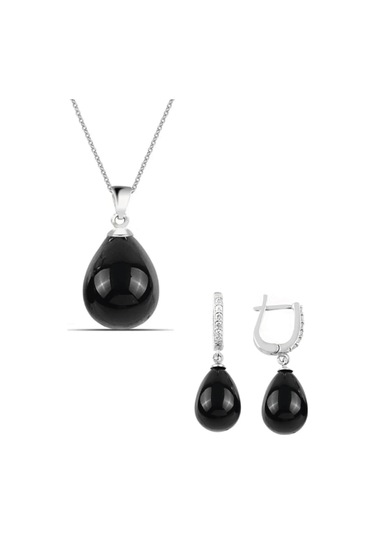Gümüş Damla Model Kolye Küpe Oniks Taşlı Set