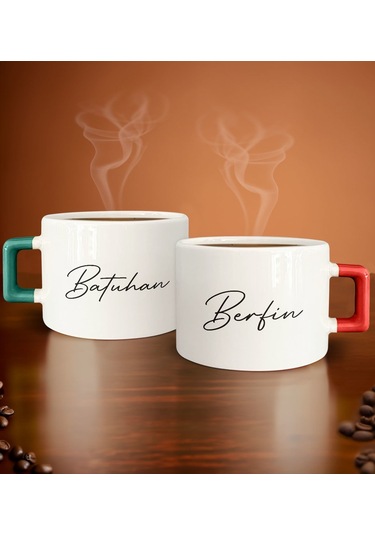 Bk Gift Kişiye Özel İsimli Tarihli Yeşil Ve Kırmızı Kulplu 2li Çay & Kahve Fincanı, Arkadaşa Hediye, Sevgiliye Hediye Kobitmeyencom29887 Bk Gift