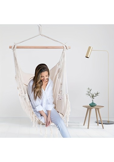 Bej Püsküllü Halat Hamak Sandalye