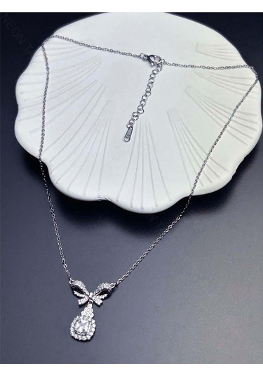 Zirkon Taşlı, Kurdela Figürlü, Tek Taşlı, Kolye 358, Paslanmaz Çelik Kolye Gümüş