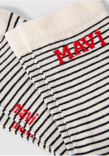 Mavi - Mavi Logo Detaylı Siyah Çizgili Soket Çorap 1912754-70057 Beyaz