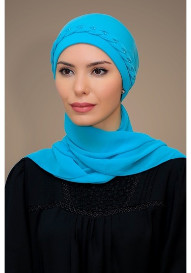 Bebe Mavisi Pratik Hazır Geçmeli Tesettür Bone Sandy Kumaş Örgülü Çok Renkli