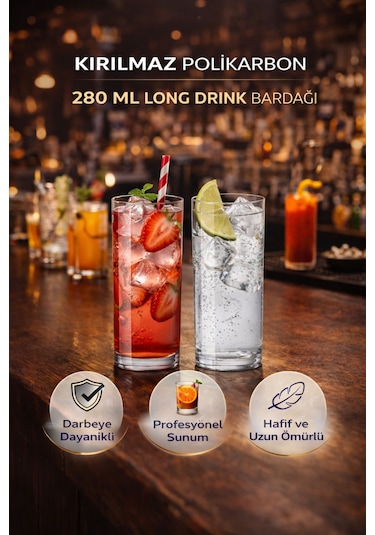 Polikarbon Kırılmaz 280 Ml Long Drink Bardağı Cam Görünümlü Şık Tasarım Şeffaf