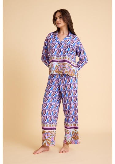 Amarelle Liberty Mor Desenli Gömlek Yaka Pijama Takımı-önden Düğmeli, Viskon