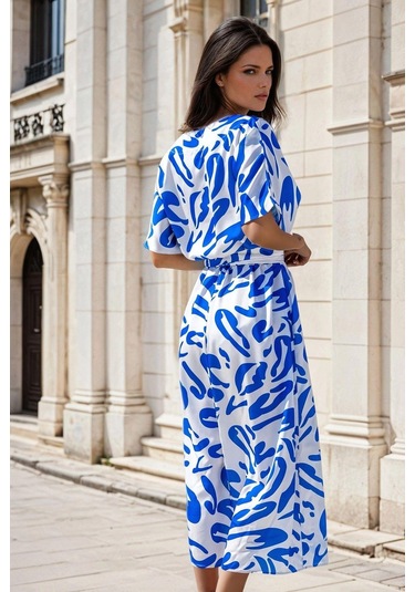 Mavi Beyaz Desenli, V Yaka, Kuşak Detaylı, Uzun Elbise Mavi