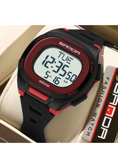 Primepickings Siyah Kırmızı Erkek Kadın Spor Digital Led Ekranlı Dayanıklı Kol Saati Kronometre Diğer
