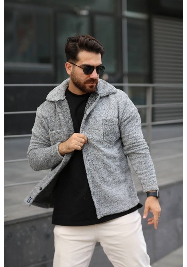 Sr Tekstil Pelüş Ceket Unisex Normal Kalıp Cep Detaylı Gri