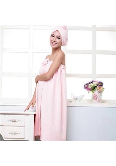 Pembe Kadın Sevimli Ilmek Çabuk Kuruyan Banyo Havlusu Spa Sarar Ve Duş Bonesi Bornoz Seti