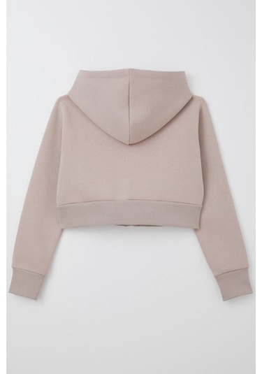 Breeze Kız Çocuk Crop Hırka Fermuarlı Kapüşonlu 8-14 Yaş, Vizon Vizon