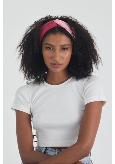 Beyaz Kısa Kol Bisiklet Yaka Vücuda Oturan Kaşkorse Crop + Bandana Set %100 Pamumklu, Esnek Rahat Beyaz-fuşya-pembe