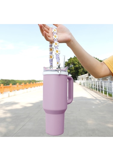 16-40 Oz Stanley Kupa Kordon Silikon Döngü Boho Papatya Sevimli Çiçek El Dokuma Kupa Kapağı Siyah