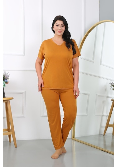 Akbeniz Kadın Büyük Beden Kısa Kol Penye Pijama Takımı Hardal 202405-hardal Hardal