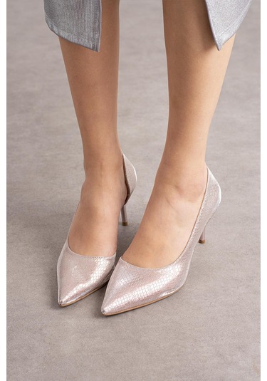 Shoetek Rva Kadın Stiletto İnce Topuklu Yandan Açık Yılan Desenli Roz Roz Rose