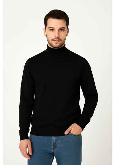 Erkek Yarım Boğaz Triko Kazak Yumuşak Dokulu Pamuklu İnce Dokuma, Uzun Kollu Rahat Regular Kalıp - S Siyah