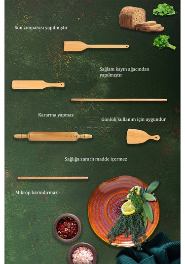 Zümrüt Serisi Ahşap Hamur Açma Oklavası Merdane Börek Seti 6 Lı
