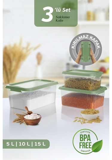 3'lü Organizer Box 5-10-15l Saklama Kabı - Çok Amaçlı Düzenleyici Kilit Kapak Derin Saklama Kutusu Yeşil