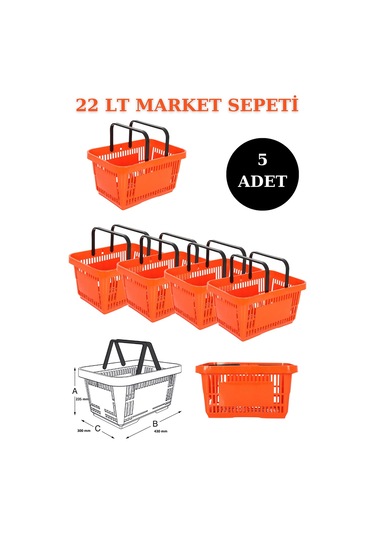 5 adet 22Litre Market ve Alışveriş Sepeti, Saplı Market Sepeti T