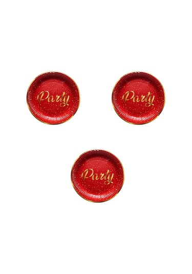 Roll-up Parti Doğum Günü Işıltılı Kırmızı Party Yazılı Karton Tabak - 22 Cm. - 8 Adetlik 3 Paket Kırmızı
